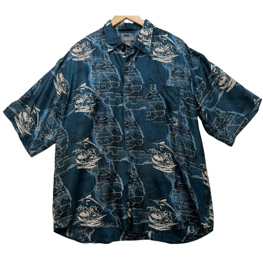 Bruno Men Silk Hawaiian Florida Marlin Fishing Button Up Shirt Summer Sz XL Blue